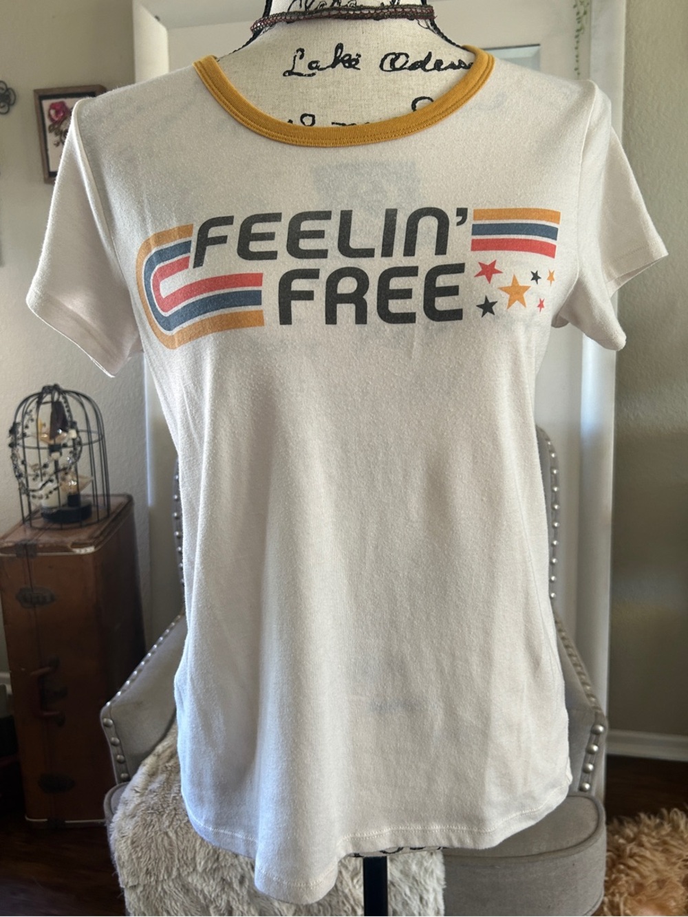 Junk Food Clothing White 'Feelin' Free' Ringer Tee with Mustard Trim